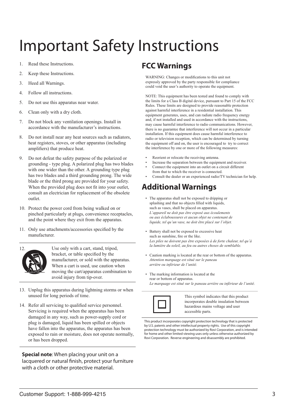 Important safety instructions, Fcc warnings additional warnings | GPX PD951 User Manual | Page 3 / 12