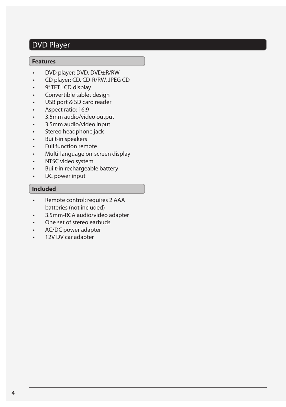 Dvd player | GPX PD951 User Manual | Page 4 / 12