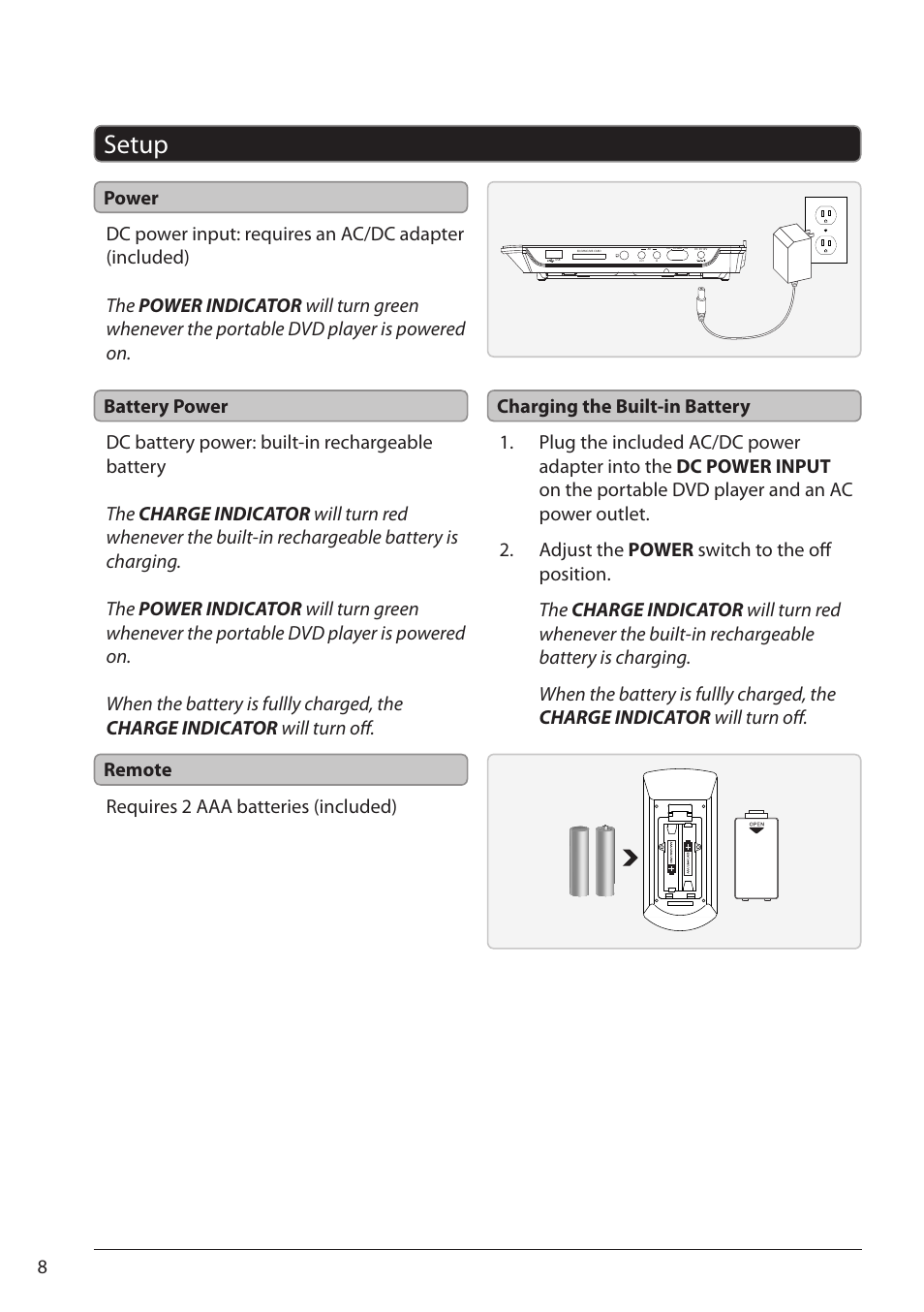 Setup, 8requires 2 aaa batteries (included) remote | GPX PD951 User Manual | Page 8 / 12