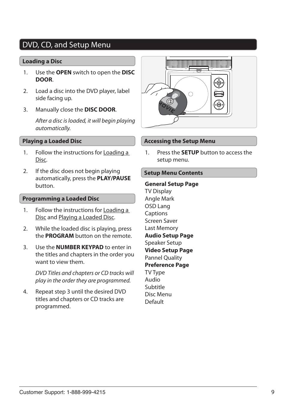 Dvd, cd, and setup menu | GPX PD951 User Manual | Page 9 / 12