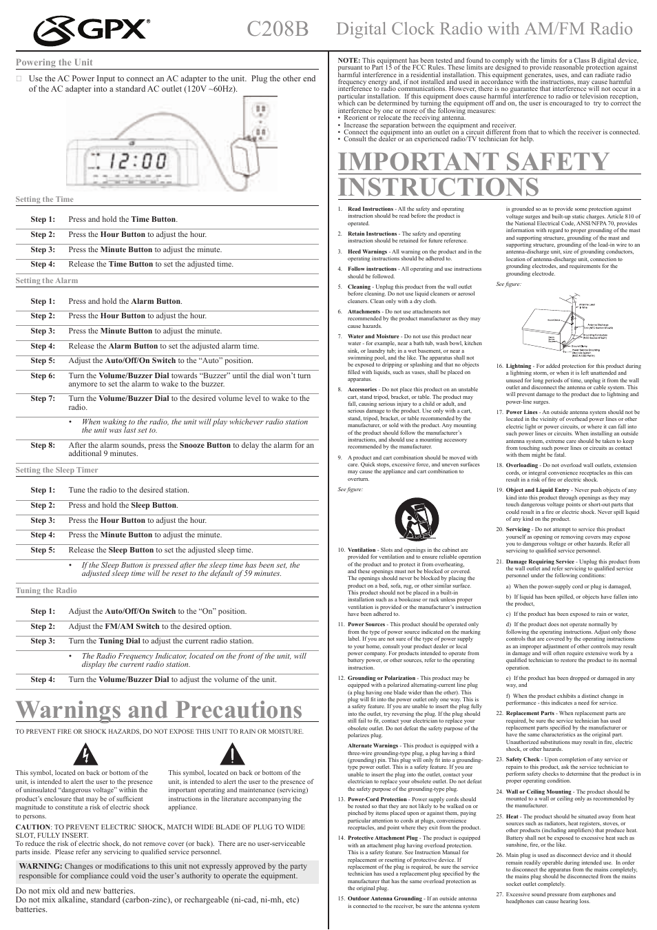 Important safety instructions, Warnings and precautions, C208b | Digital clock radio with am/fm radio, Powering the unit | GPX C208B User Manual | Page 2 / 2