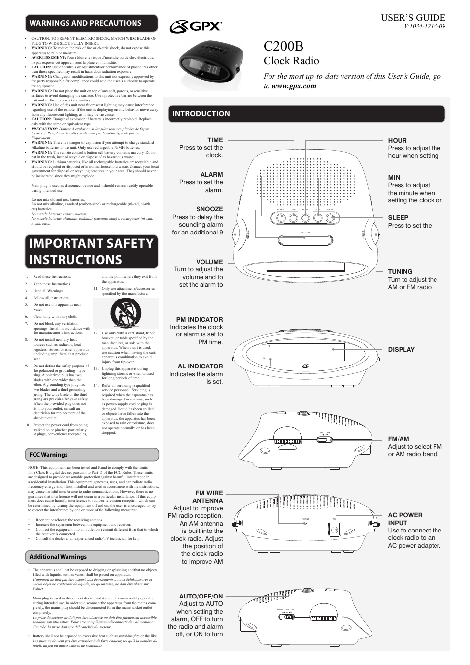 GPX C200B User Manual | 2 pages