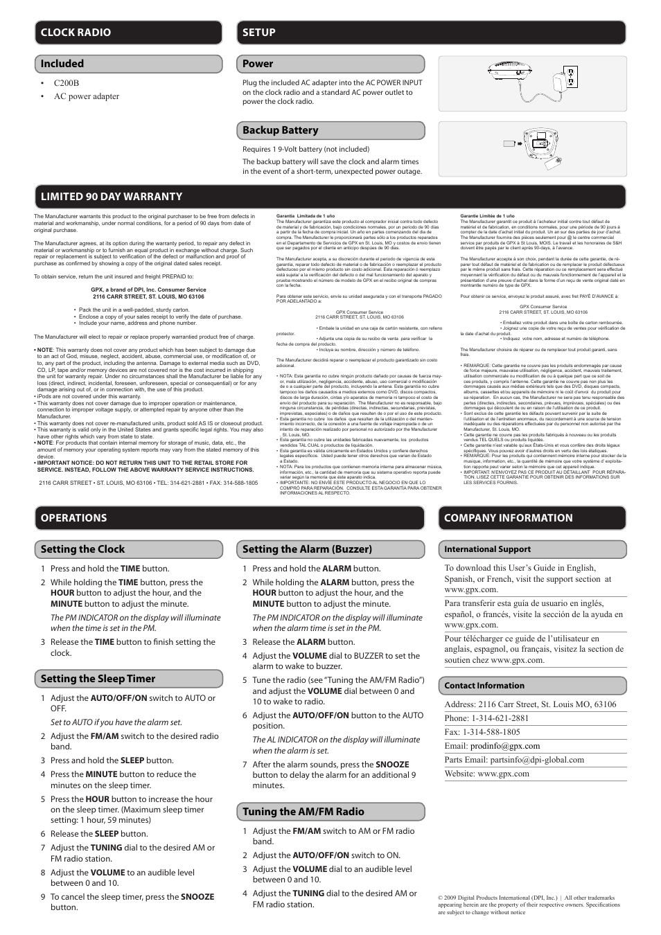 Included, Tuning the am/fm radio, Limited 90 day warranty | GPX C200B User Manual | Page 2 / 2