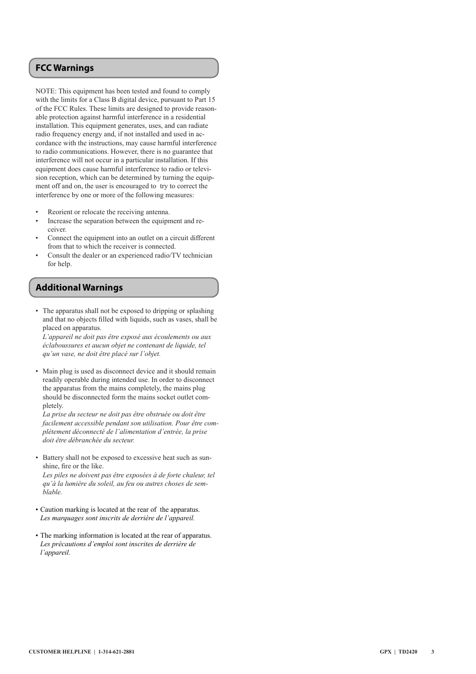 Fcc warnings additional warnings | GPX TD2420 User Manual | Page 3 / 16