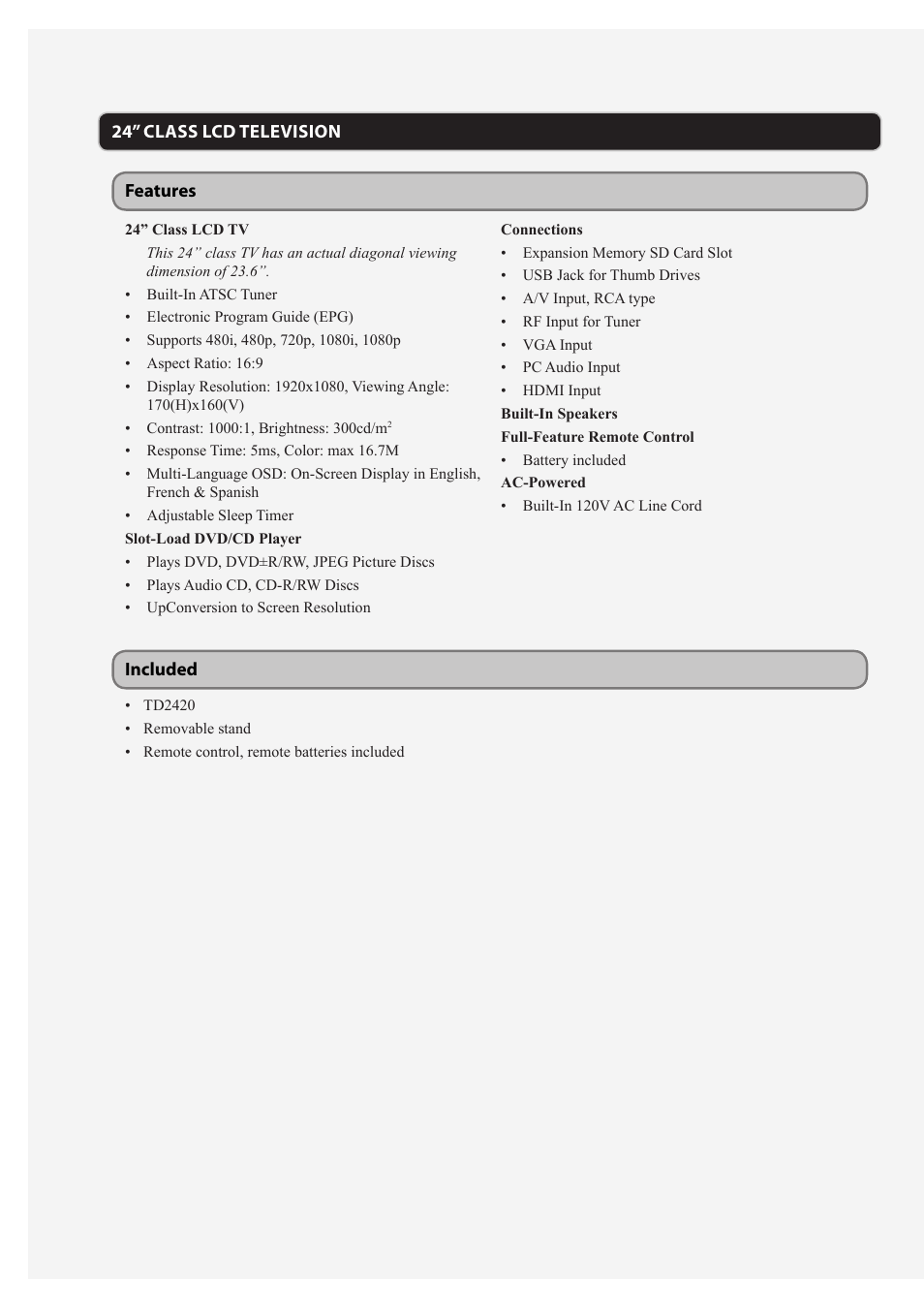 24” class lcd television features included | GPX TD2420 User Manual | Page 4 / 16