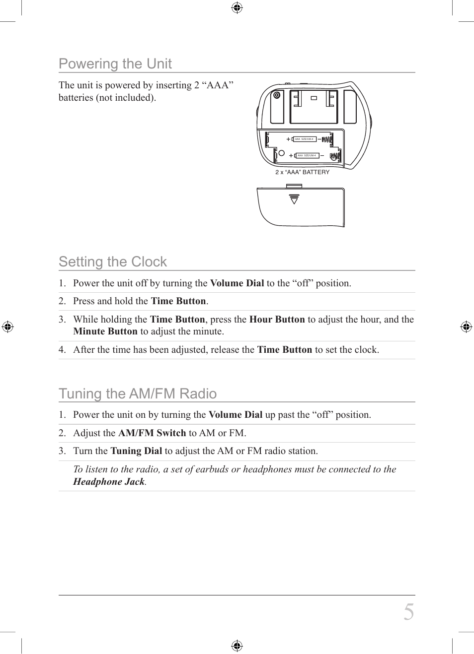 Powering the unit, Setting the clock, Tuning the am/fm radio | GPX R308B User Manual | Page 5 / 8