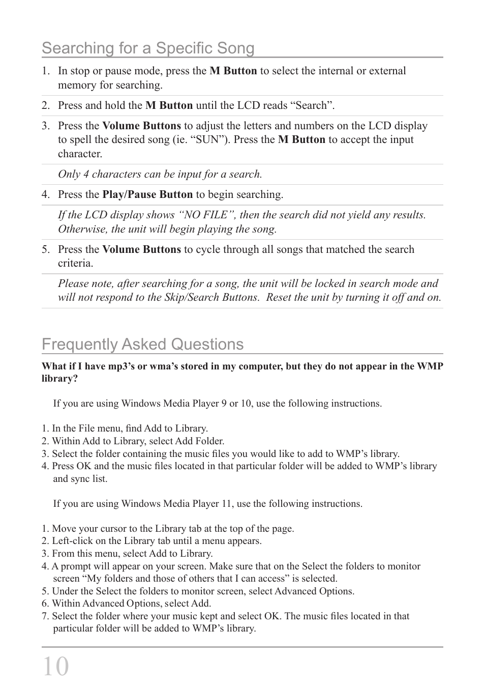 Frequently asked questions, Searching for a specific song | GPX MW2X8B User Manual | Page 10 / 12