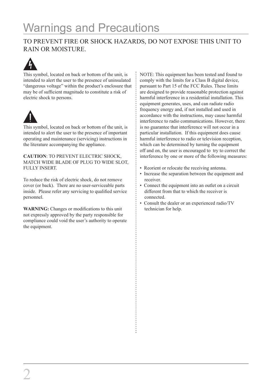Warnings and precautions | GPX MW2X8B User Manual | Page 2 / 12