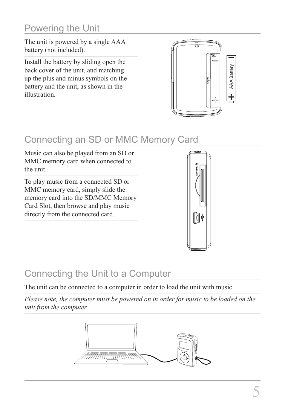 Powering the unit, Connecting the unit to a computer | GPX MW2X8B User Manual | Page 5 / 12