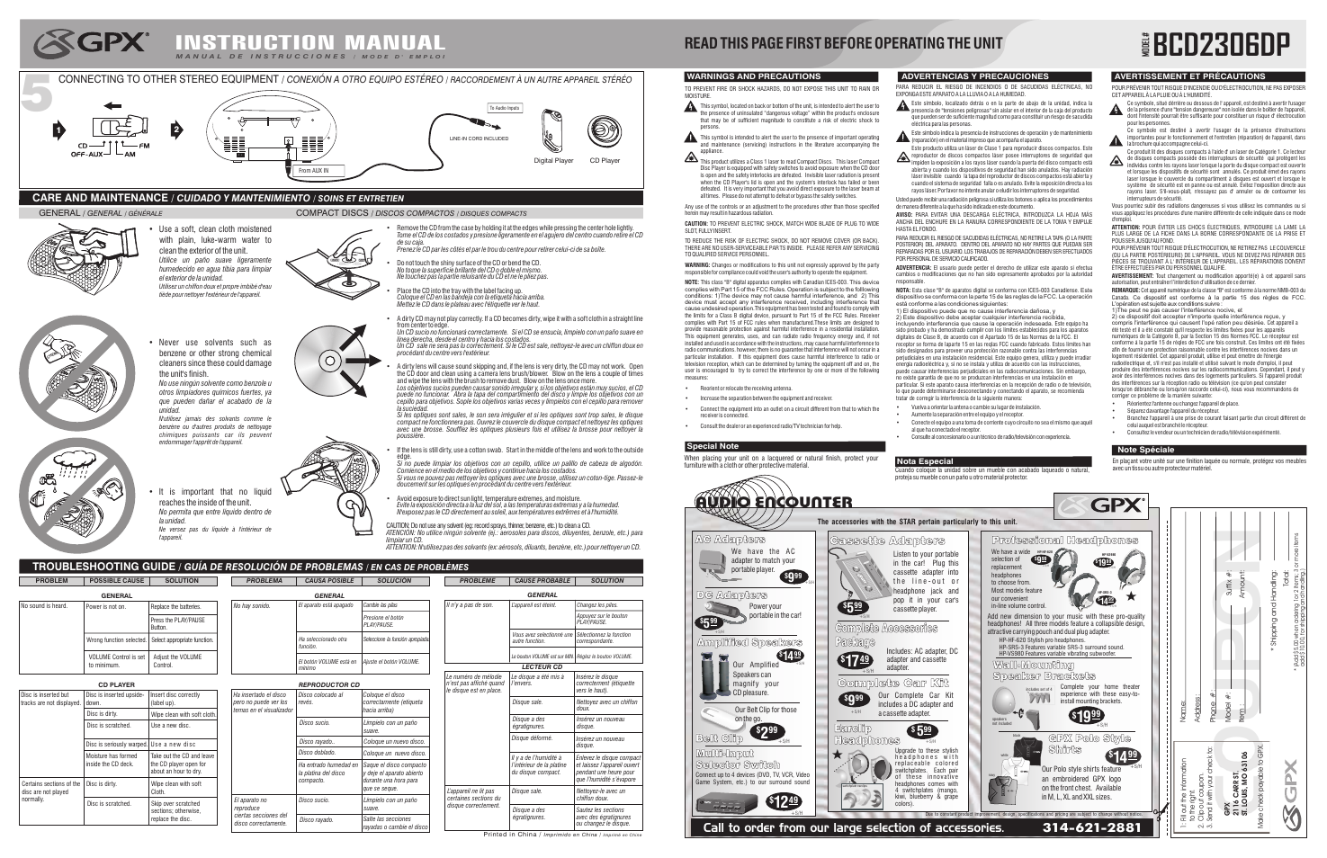 Coupon, Bcd2306dp, Instruction manual | Audio encounter, Read this page first before operating the unit, Complete accessories package, Cassette adapters, Complete car kit, Earclip headphones, Troubleshooting guide | GPX BCD2306DP User Manual | Page 2 / 2