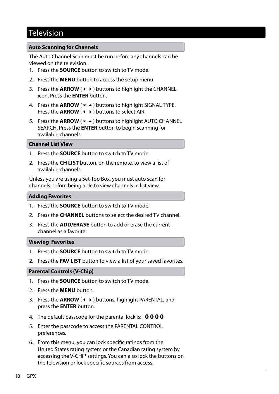 Television | GPX TL1920 User Manual | Page 10 / 16