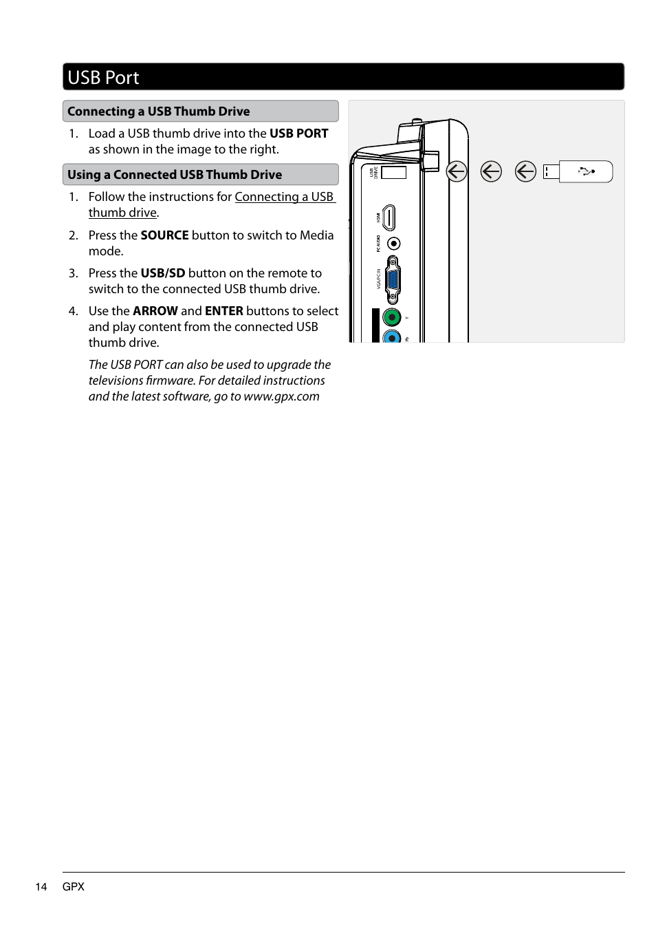 Usb port | GPX TL1920 User Manual | Page 14 / 16