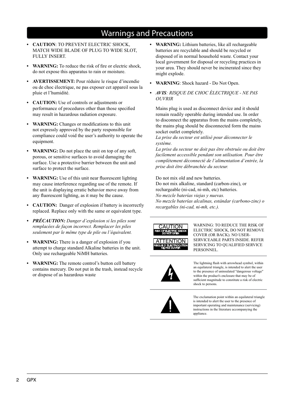 Warnings and precautions | GPX TL1920 User Manual | Page 2 / 16