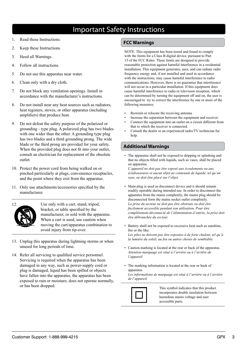 Important safety instructions, Fcc warnings additional warnings | GPX TL1920 User Manual | Page 3 / 16