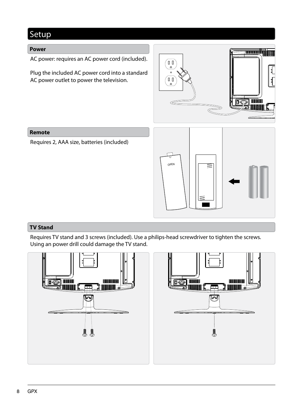 Setup | GPX TL1920 User Manual | Page 8 / 16