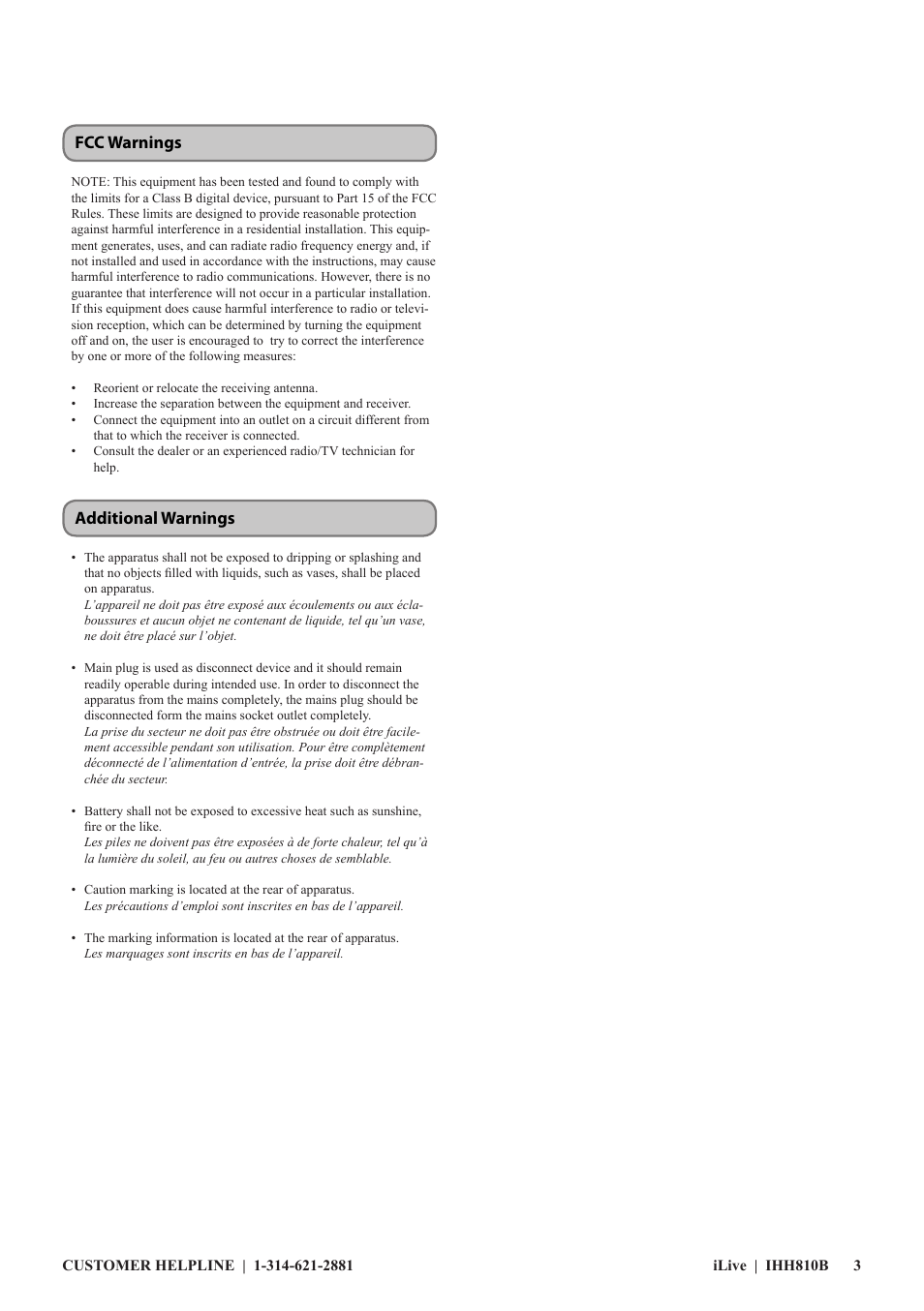 Fcc warnings additional warnings | GPX IHH810B User Manual | Page 3 / 20