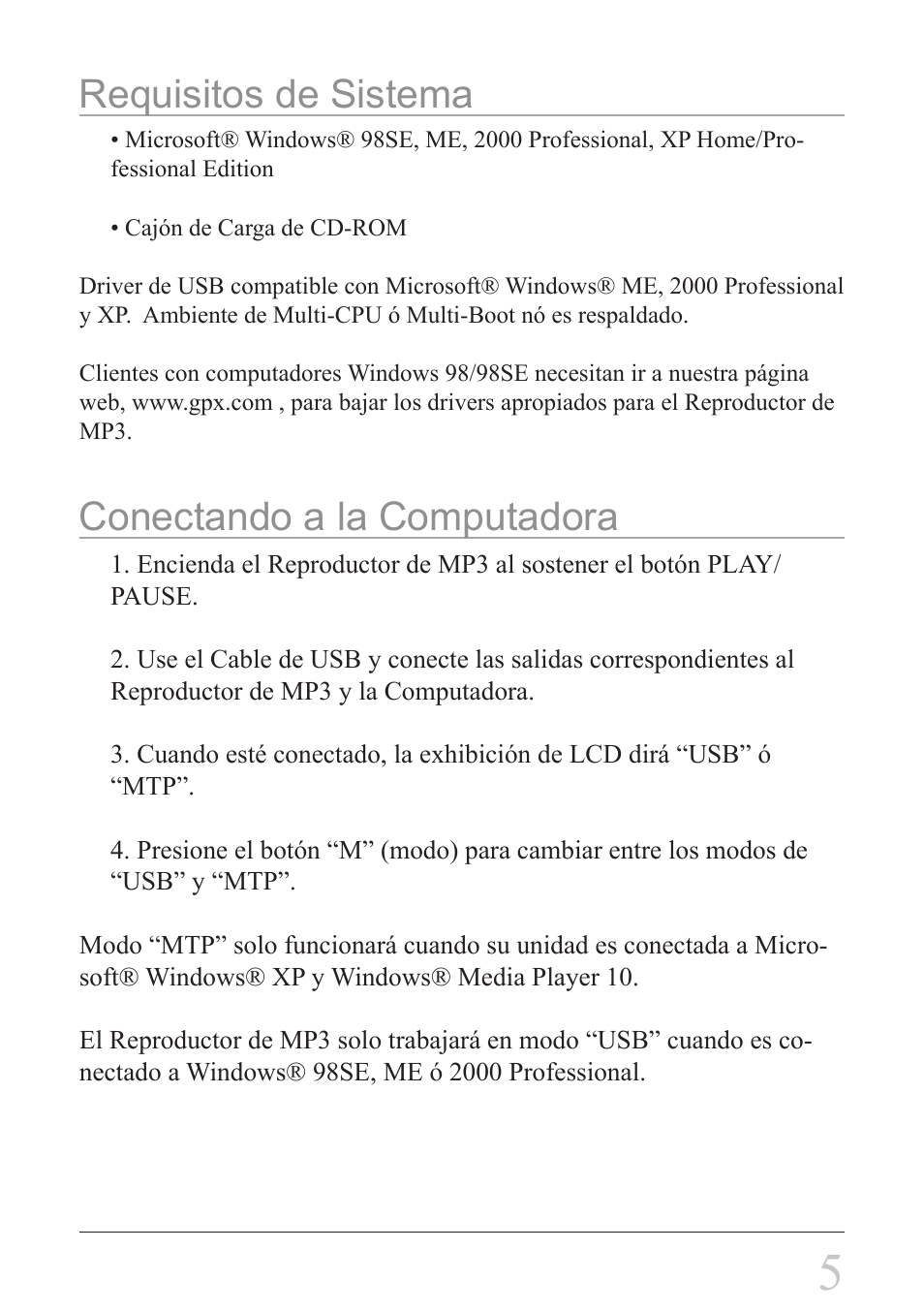 Requisitos de sistema, Conectando a la computadora | GPX MW3827 User Manual | Page 5 / 8