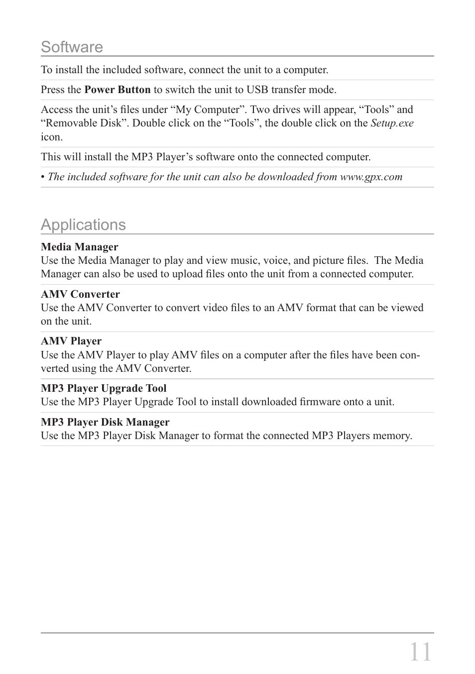 Software, Applications | GPX ML6X8B User Manual | Page 11 / 12