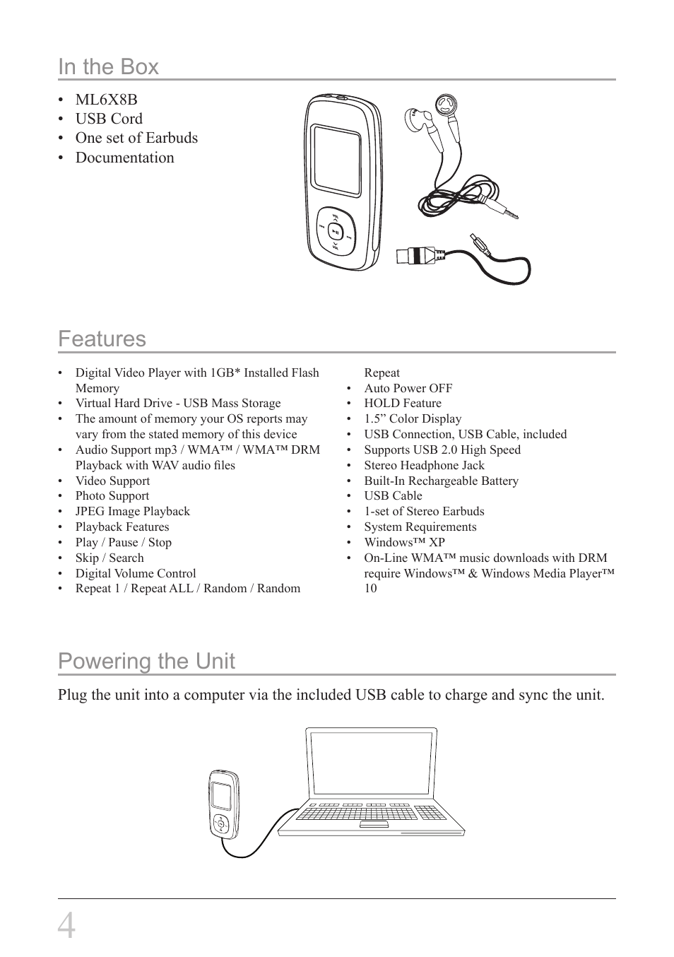 Features, Powering the unit | GPX ML6X8B User Manual | Page 4 / 12