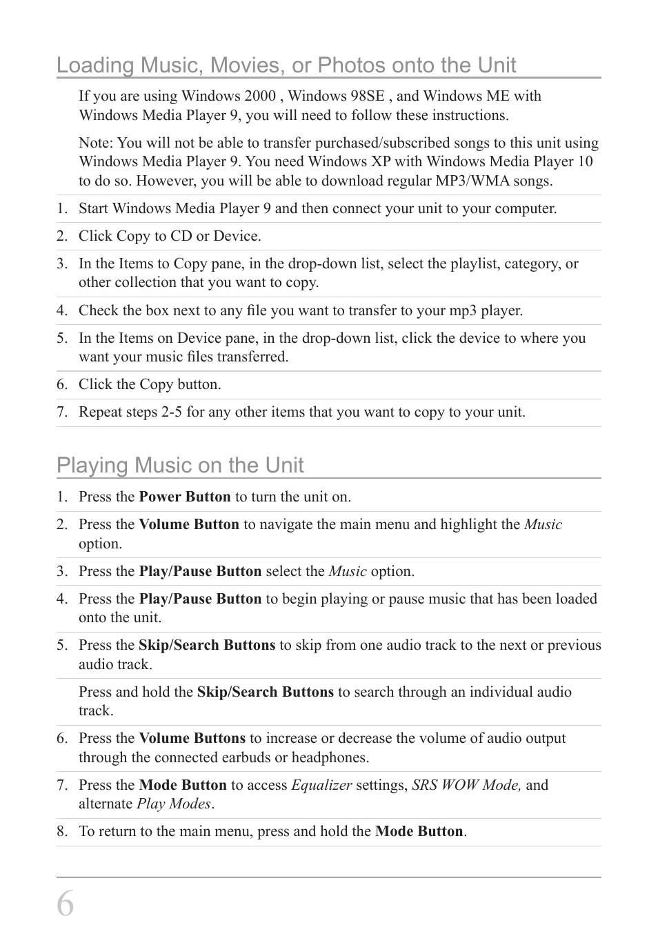 Loading music, movies, or photos onto the unit, Playing music on the unit | GPX ML6X8B User Manual | Page 6 / 12
