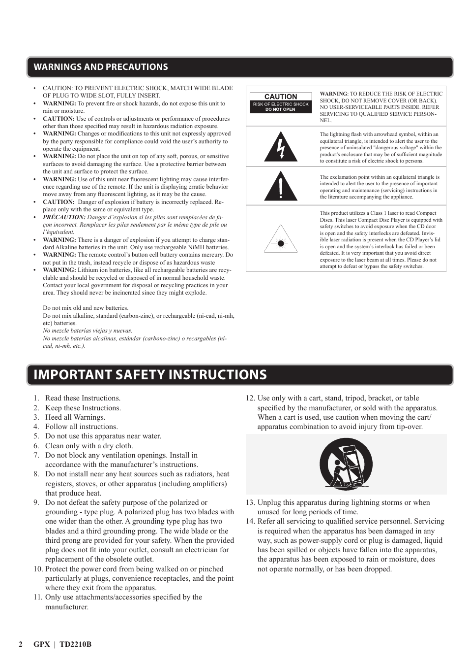 Important safety instructions, Warnings and precautions | GPX TD2210B2 User Manual | Page 2 / 12