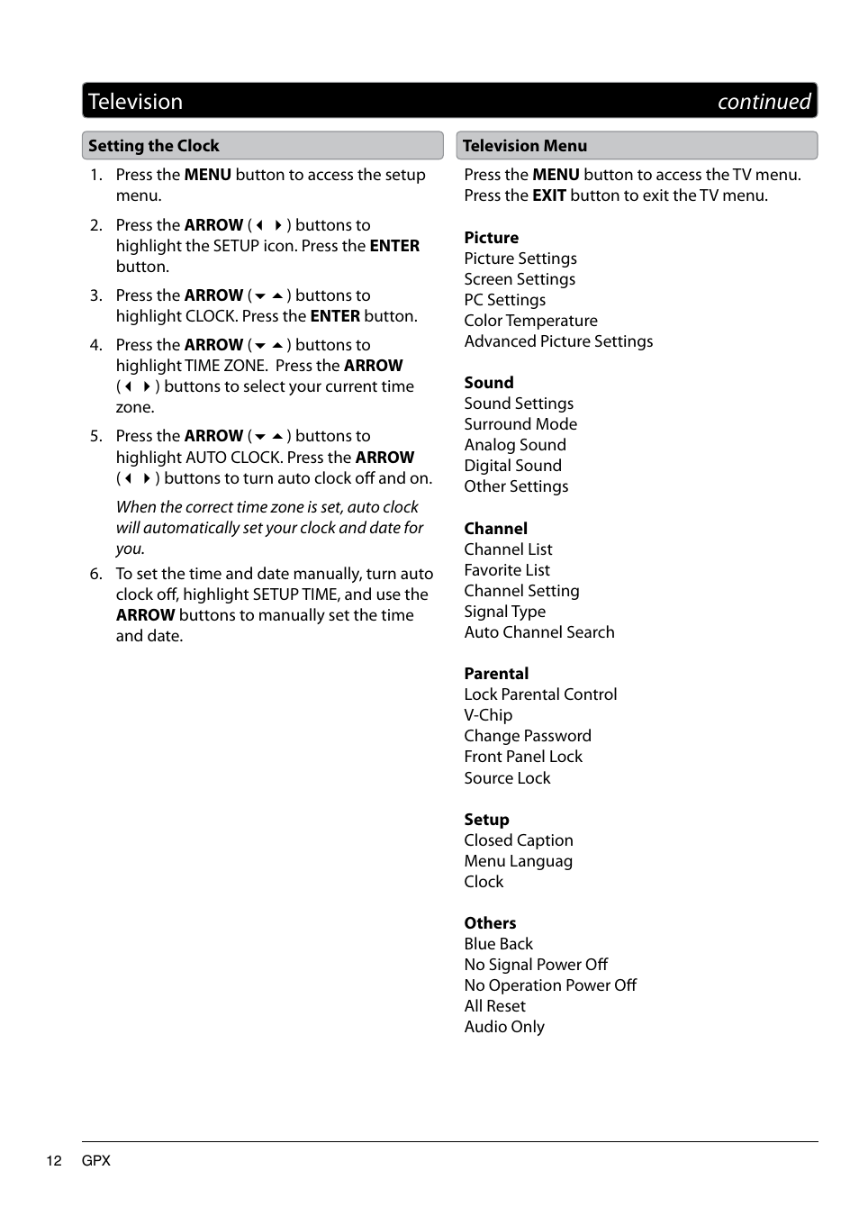Television continued | GPX TD3220 User Manual | Page 12 / 16