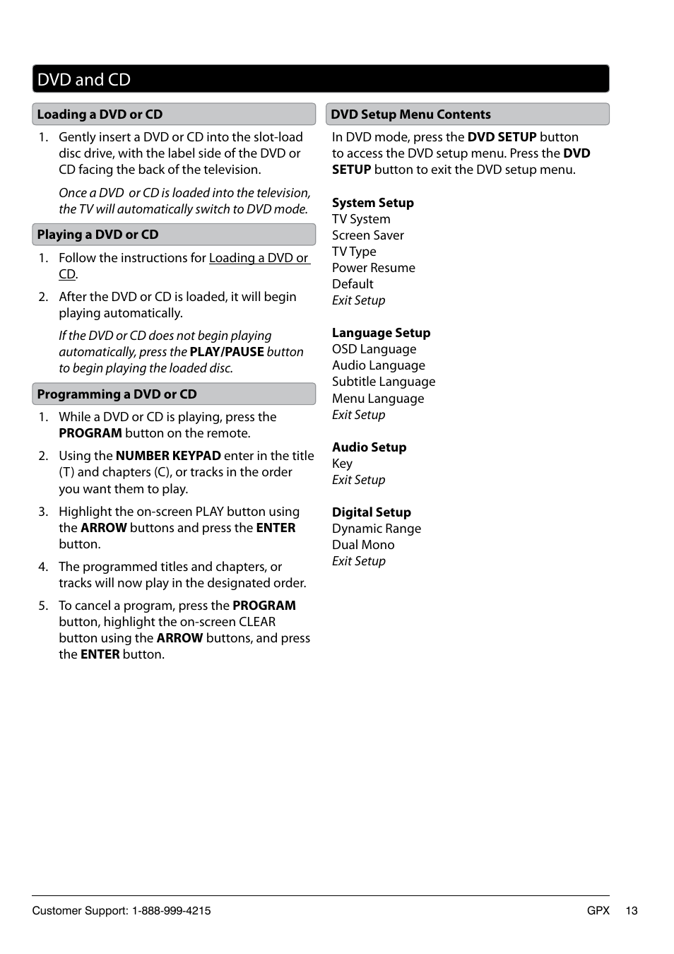 Dvd and cd | GPX TD3220 User Manual | Page 13 / 16