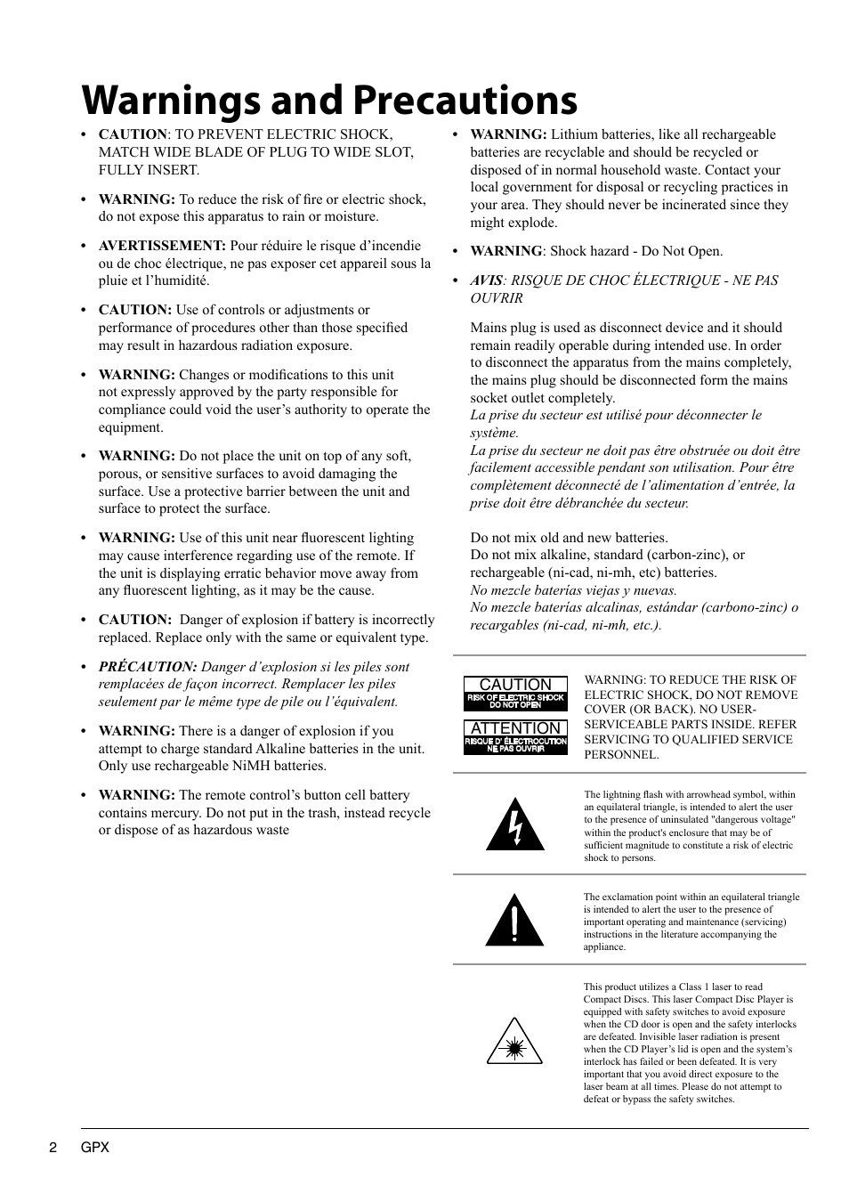 Warnings and precautions | GPX TD3220 User Manual | Page 2 / 16