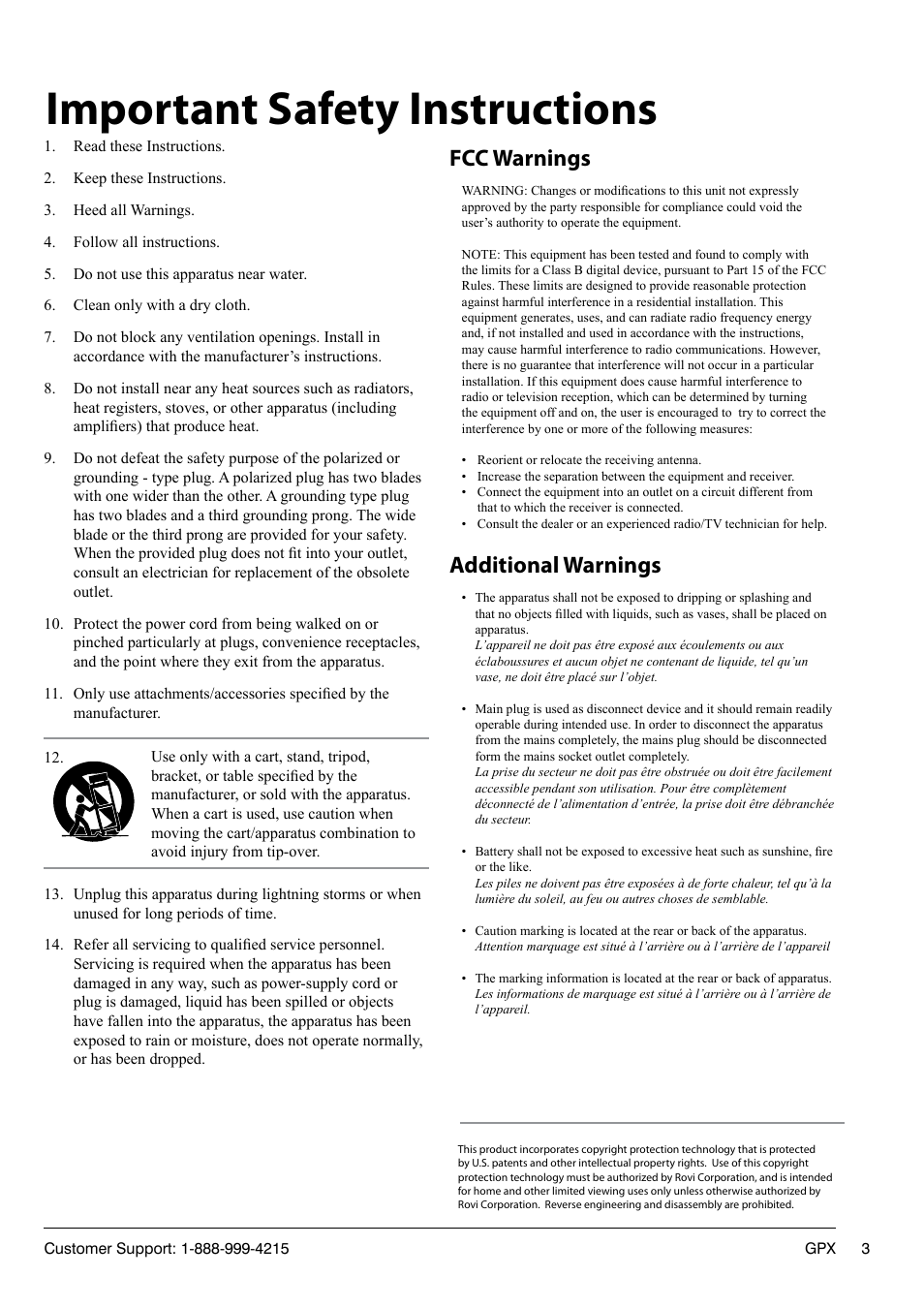 Important safety instructions, Fcc warnings additional warnings | GPX TD3220 User Manual | Page 3 / 16