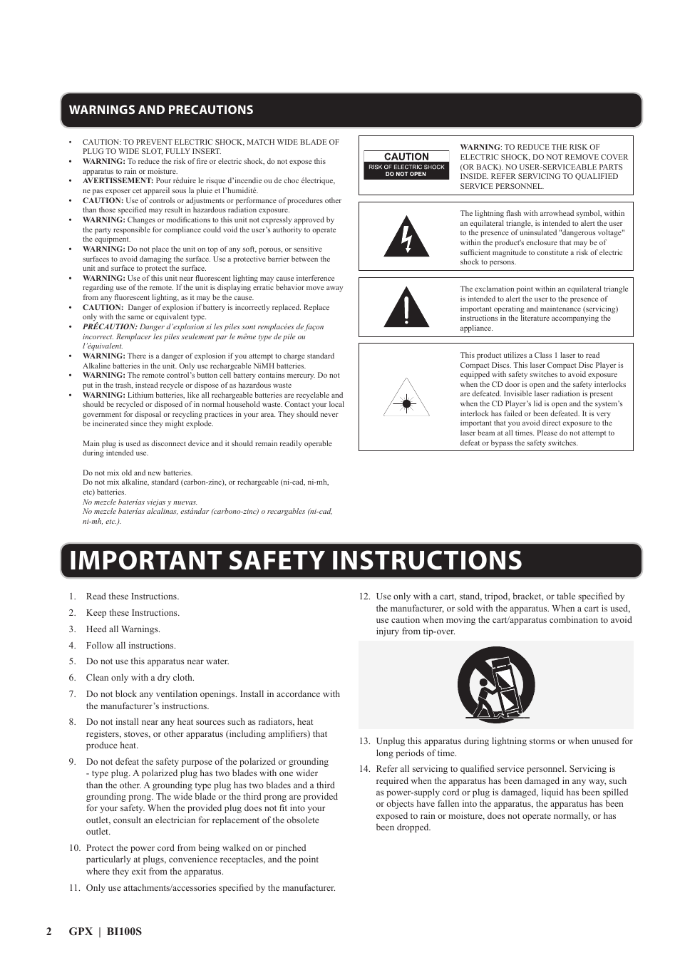 Important safety instructions, Warnings and precautions | GPX BI100S User Manual | Page 2 / 12