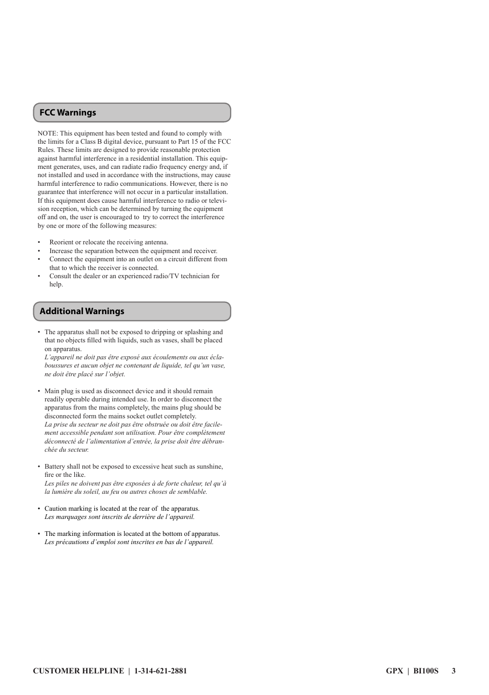 Fcc warnings additional warnings | GPX BI100S User Manual | Page 3 / 12