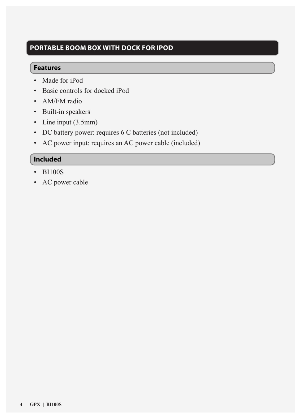 GPX BI100S User Manual | Page 4 / 12