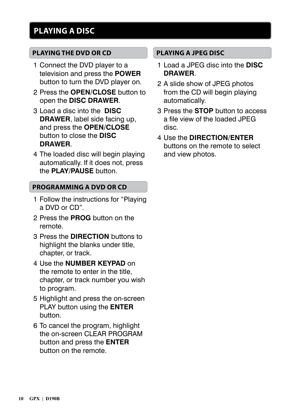 Playing a disc | GPX D190B User Manual | Page 10 / 12