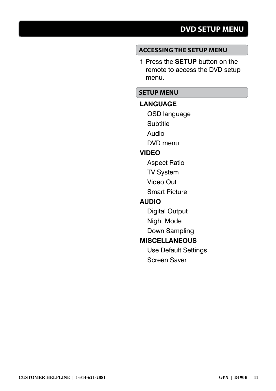 Dvd setup menu | GPX D190B User Manual | Page 11 / 12