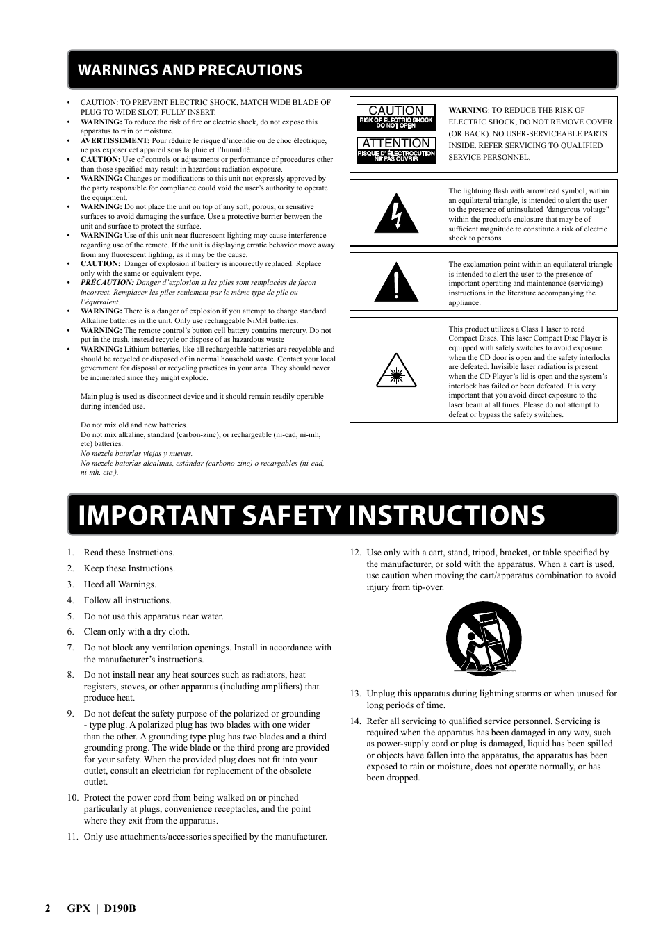 Important safety instructions, Warnings and precautions, Attention | Caution | GPX D190B User Manual | Page 2 / 12