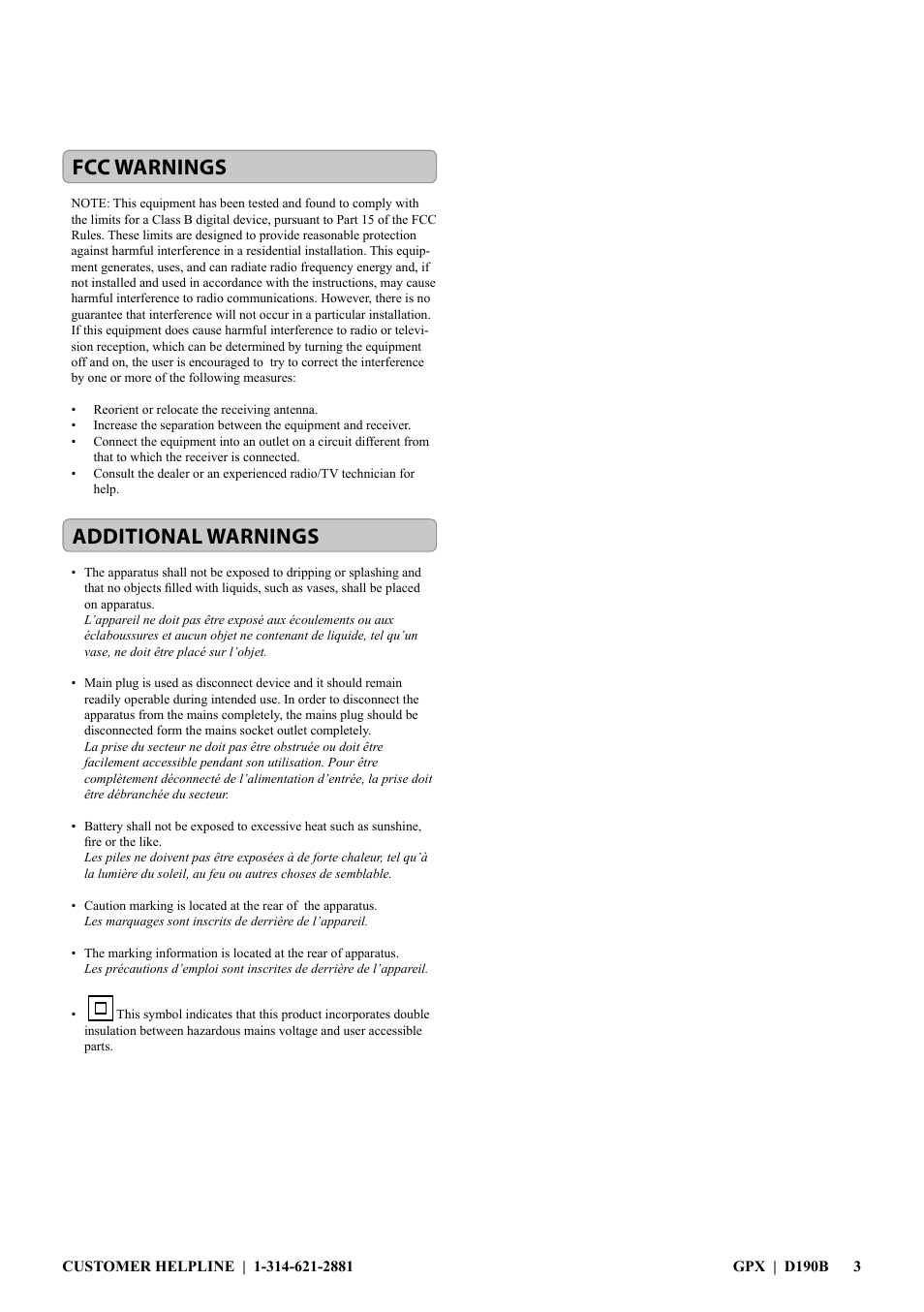 Fcc warnings additional warnings | GPX D190B User Manual | Page 3 / 12