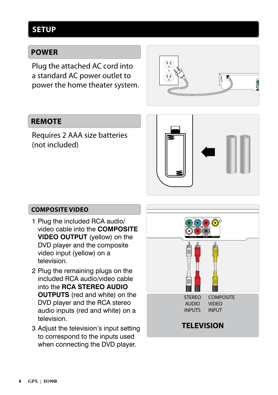 Television, Composite video, Stereo audio inputs composite video input | GPX D190B User Manual | Page 8 / 12