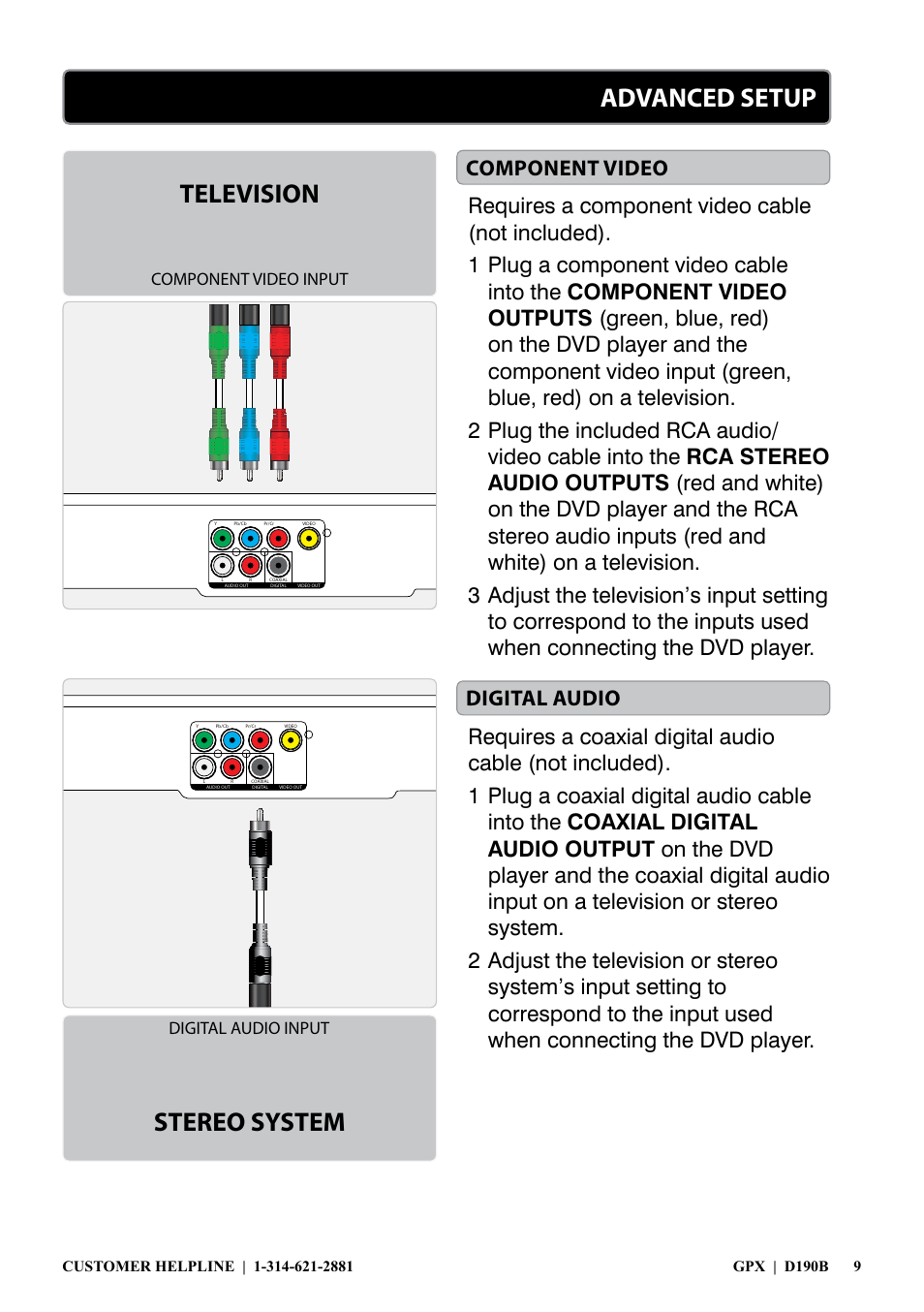 Advanced setup, Stereo system television, Component video digital audio | Digital audio input component video input | GPX D190B User Manual | Page 9 / 12