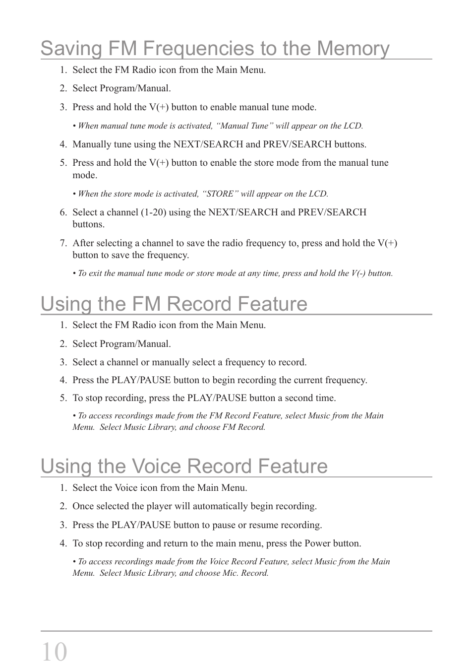 Using the fm record feature, Using the voice record feature | GPX MW8837DT User Manual | Page 10 / 12