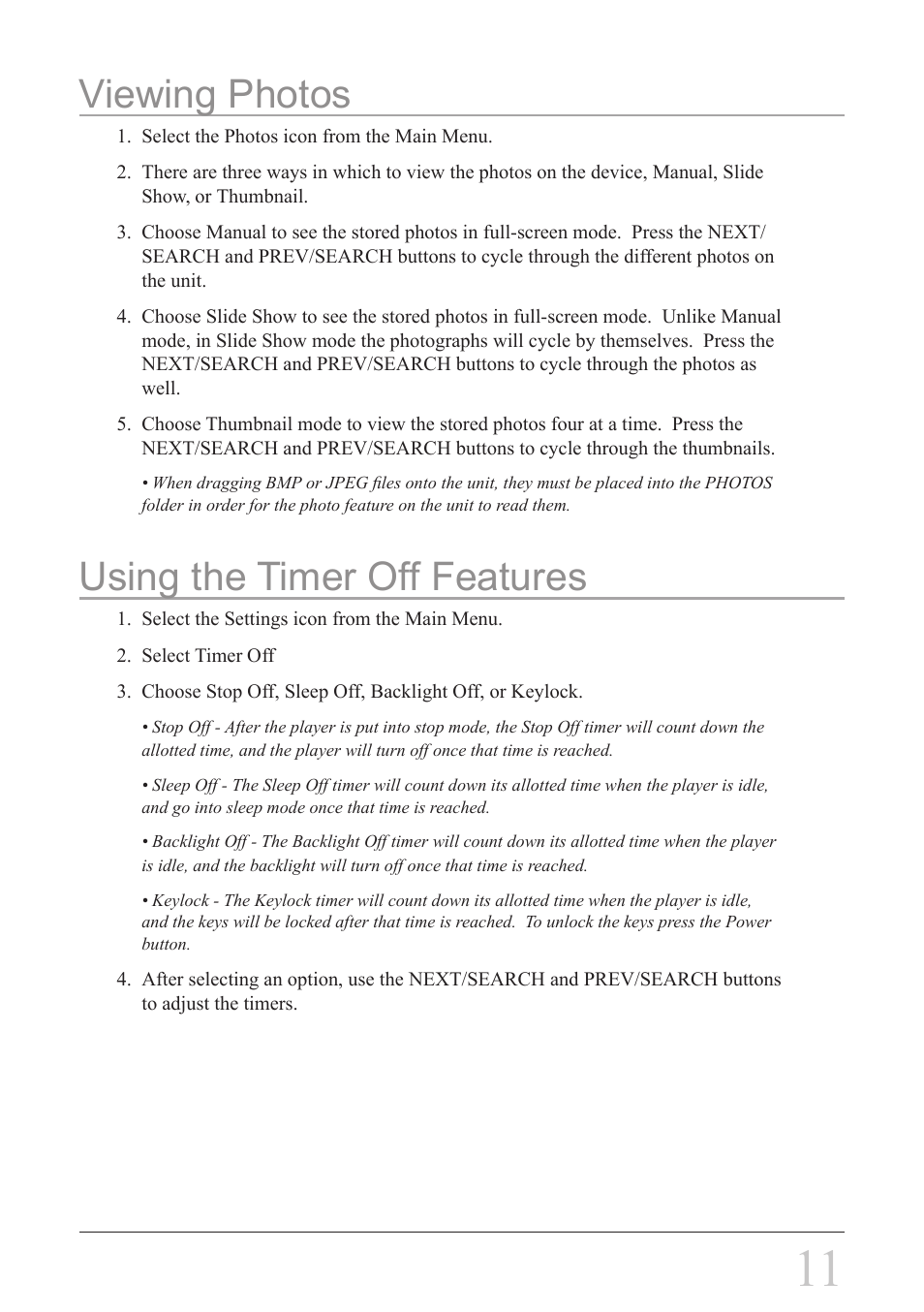 Viewing photos, Using the timer off features | GPX MW8837DT User Manual | Page 11 / 12