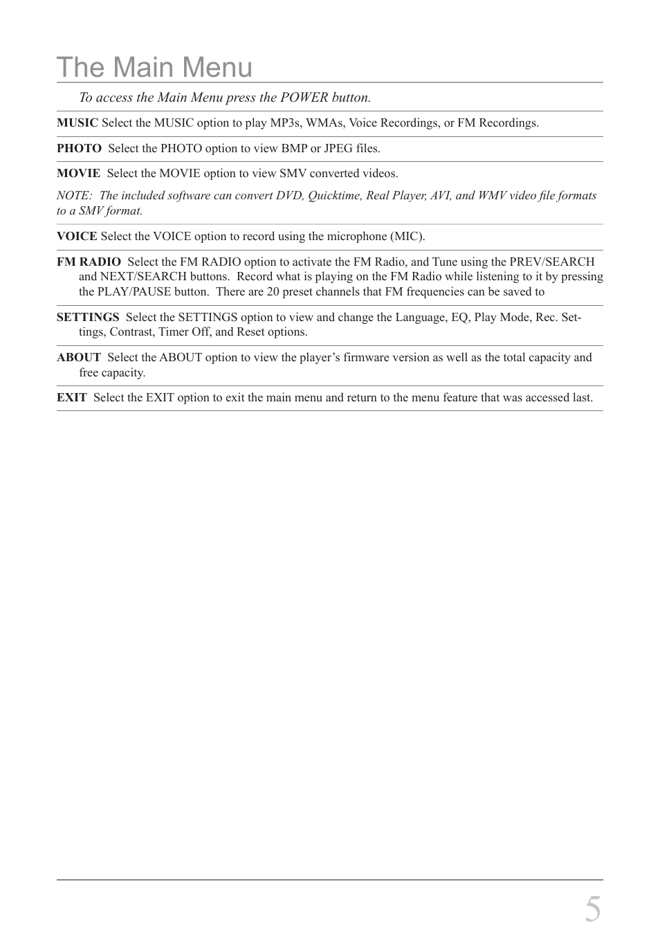 The main menu | GPX MW8837DT User Manual | Page 5 / 12