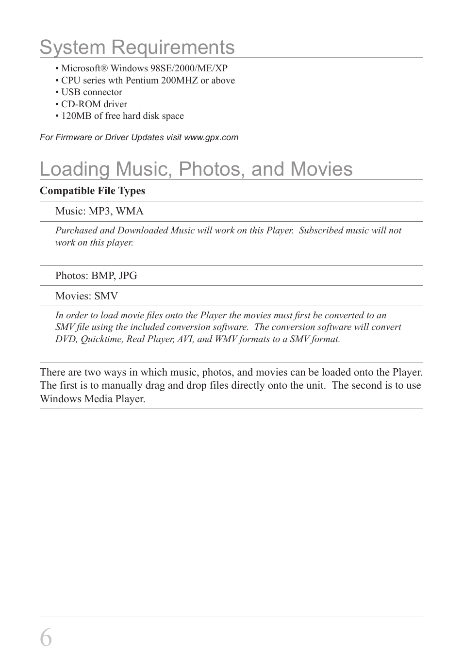 System requirements, Loading music, photos, and movies | GPX MW8837DT User Manual | Page 6 / 12