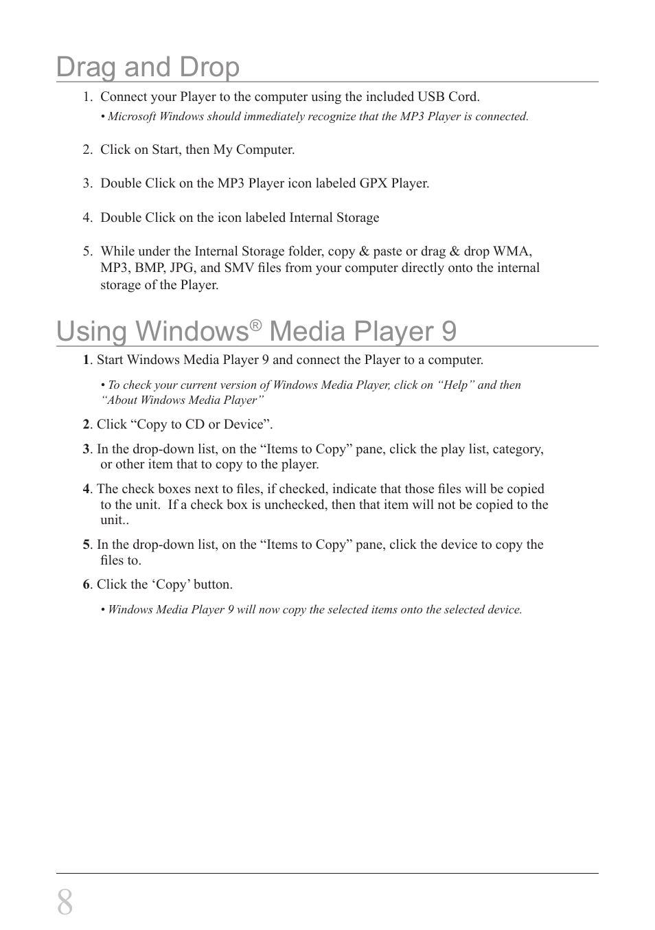 Using windows, Media player 9, Drag and drop | GPX MW8837DT User Manual | Page 8 / 12