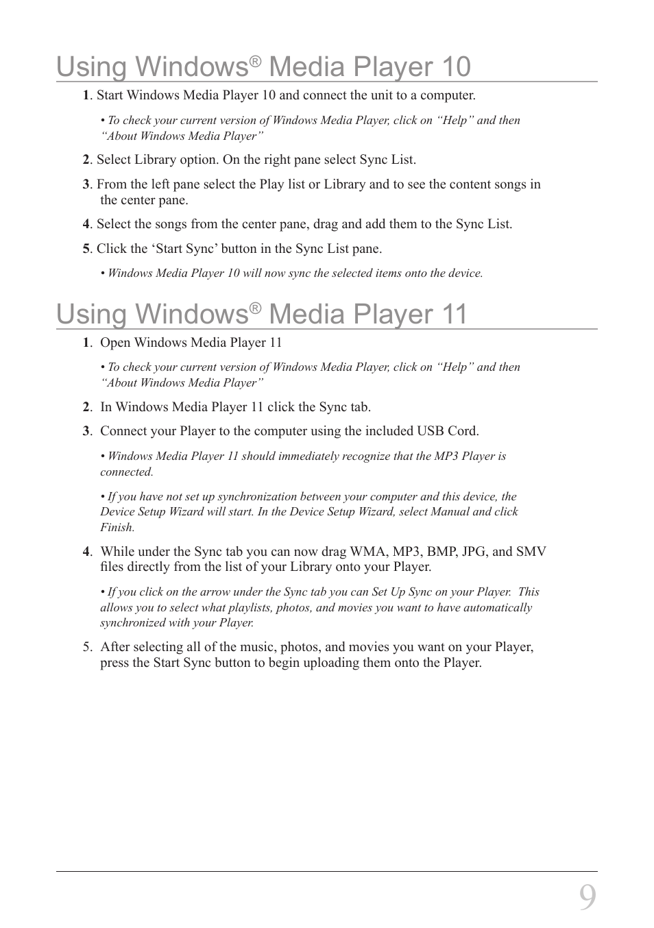 Using windows, Media player 10, Media player 11 | GPX MW8837DT User Manual | Page 9 / 12