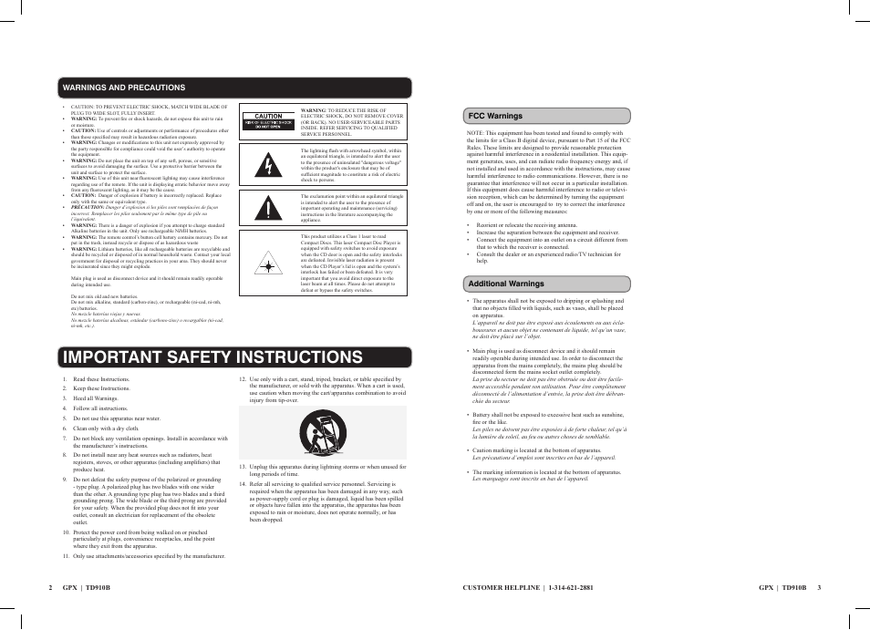 Important safety instructions | GPX TD910B User Manual | Page 2 / 9