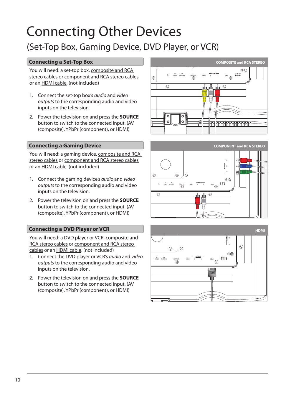 Connecting other devices, Set-top box, gaming device, dvd player, or vcr) | GPX TE1980B User Manual | Page 10 / 12