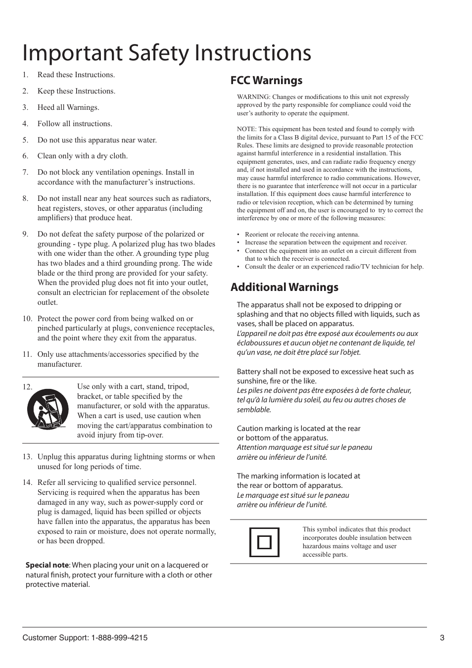 Important safety instructions, Fcc warnings additional warnings | GPX TE1980B User Manual | Page 3 / 12