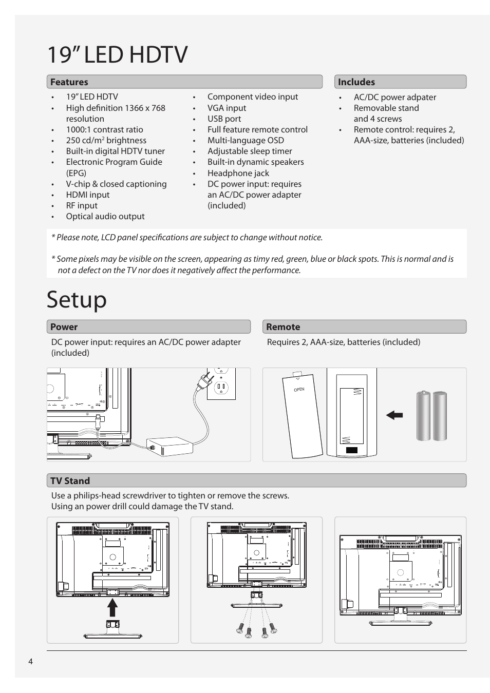 19” led hdtv, Setup | GPX TE1980B User Manual | Page 4 / 12