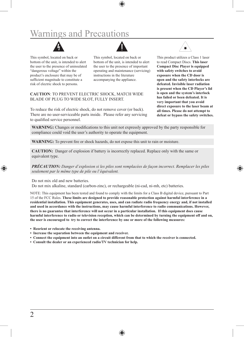 Warnings and precautions | GPX BC119B User Manual | Page 2 / 8