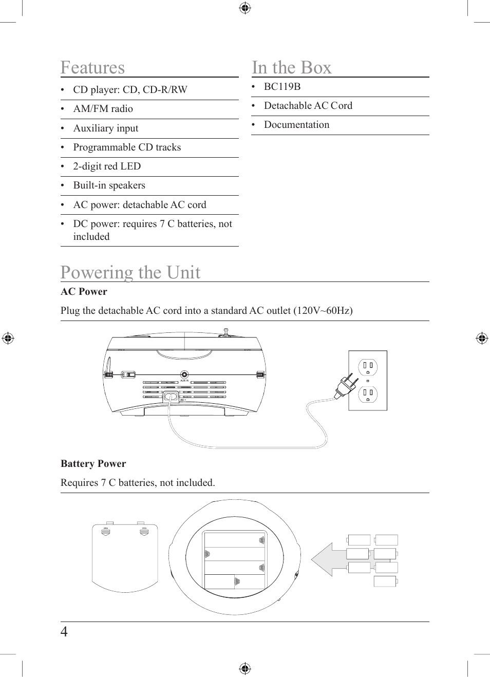 Features, Powering the unit | GPX BC119B User Manual | Page 4 / 8
